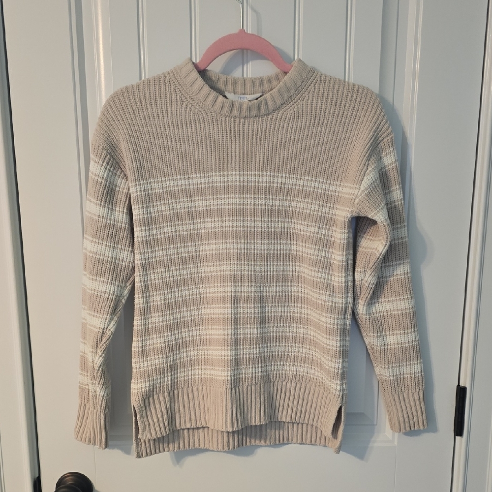 Time and Tru Beige and White Stripe Crew Neck Sweater XS